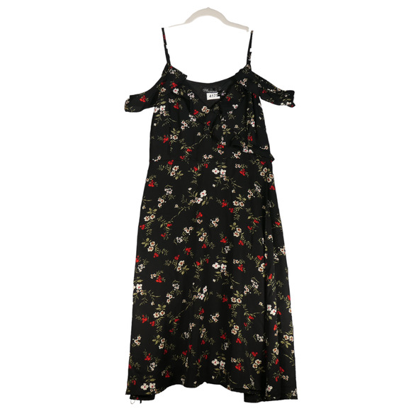 Black Floral Midi Dress Womens Size XXL Sheath Off Shoulder Spaghetti Strap - Picture 1 of 8